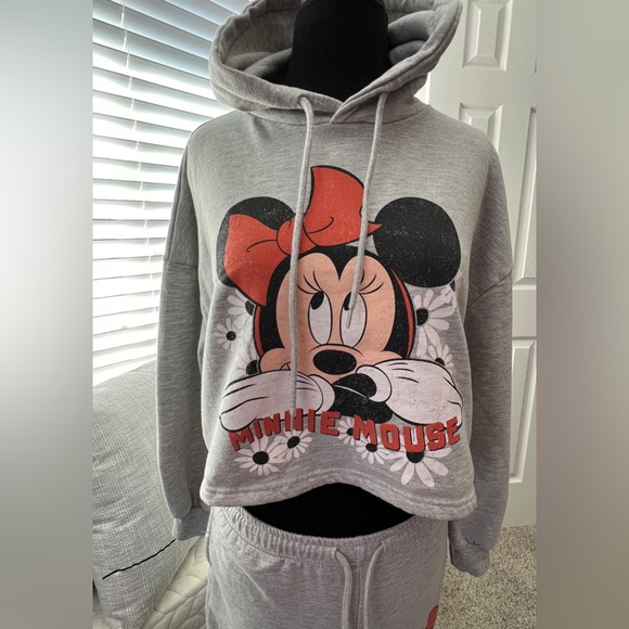 DISNEY 2 PC WORN ONCE! WOMEN JUNIOR’S MINNIE MOUSE HOODIE & SWEATS IN GRAY SZ M - Picture 5 of 9